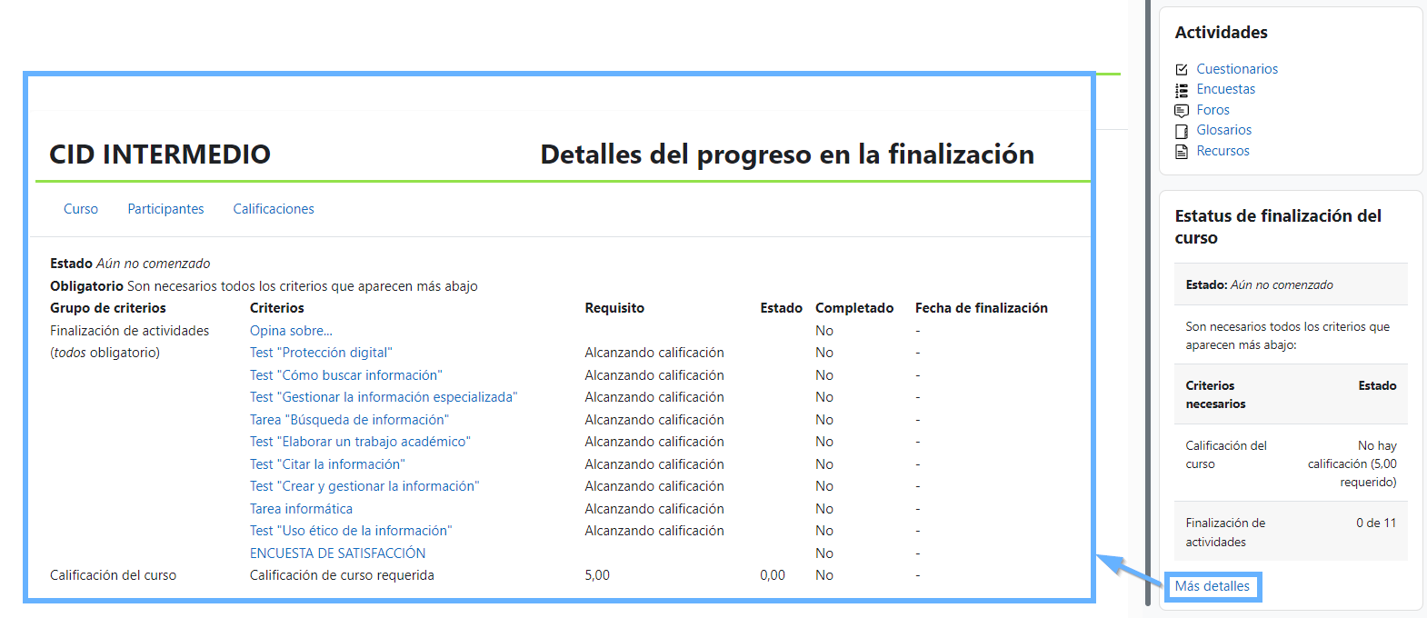 Estatus de finalización del curso Estatus de finalización del curso y detalles