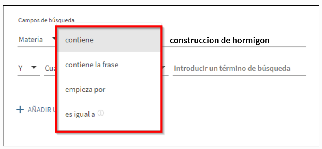 Opciones de búsqueda por materia Captura de pantalla en la que se muestran las distintas opciones de búsqueda por materia