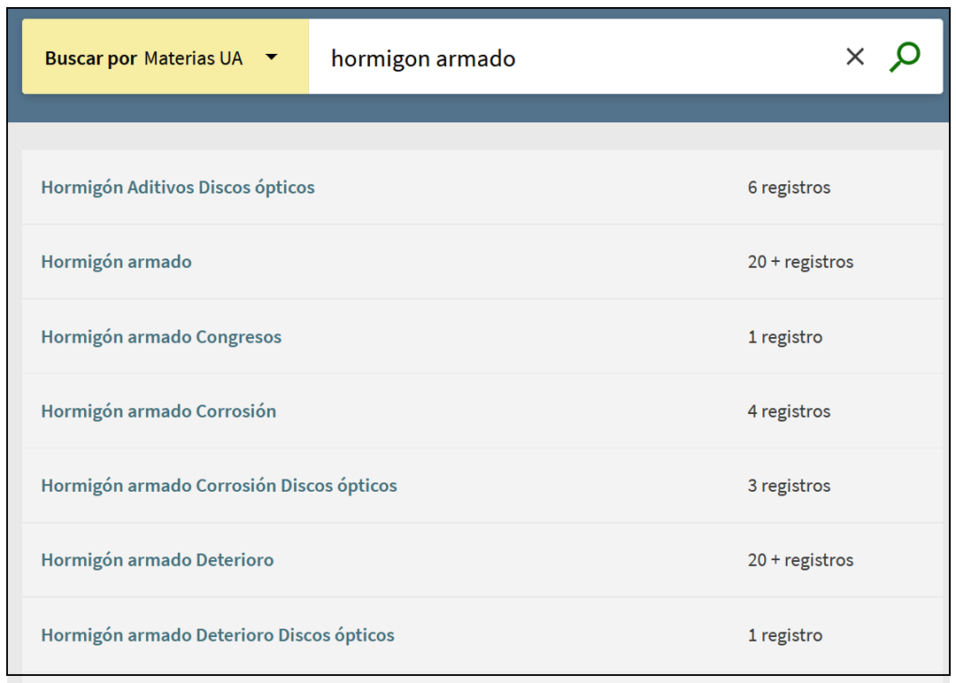 Captura de pantalla del catálogo mostrando el resultado de buscar 'Hormigón armado' en el índice de materias