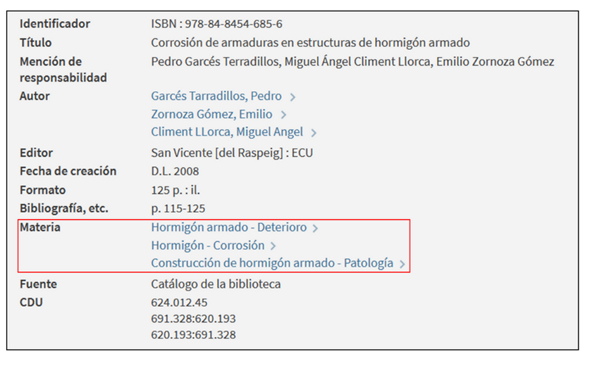 Captura de pantalla del catálogo en la que se muestra que el libro 'Corrosión en estructuras de hormigón' tiene asignadas tres materias.