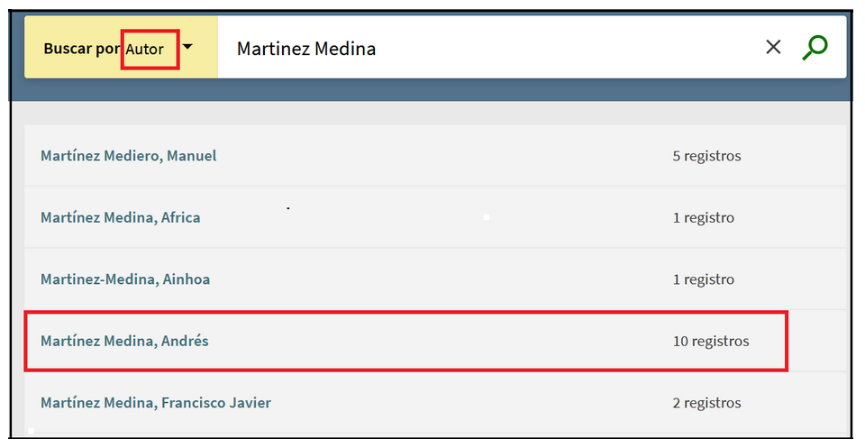 Captura de pantalla mostrando cómo buscar al autor Martínez Medina en el índice de autores del catálogo.
