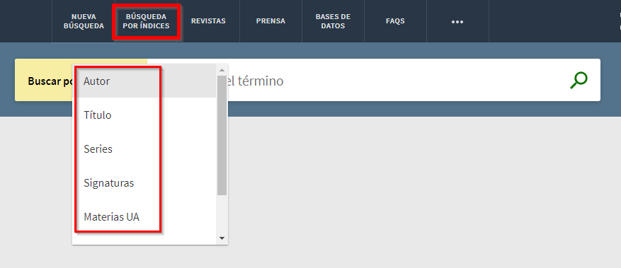 Captura de pantalla del catálogo, mostrando las distintas opciones de búsqueda por índices: Autor, Título, Series, Signaturas, Materias.