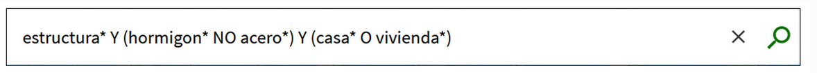 Captura de pantalla del cajetín de búsqueda básica del catálogo, en el que se ha introducido la estrategia de búsqueda: estructura* Y (hormigón* NO acero*) Y (edificio* O vivienda*)