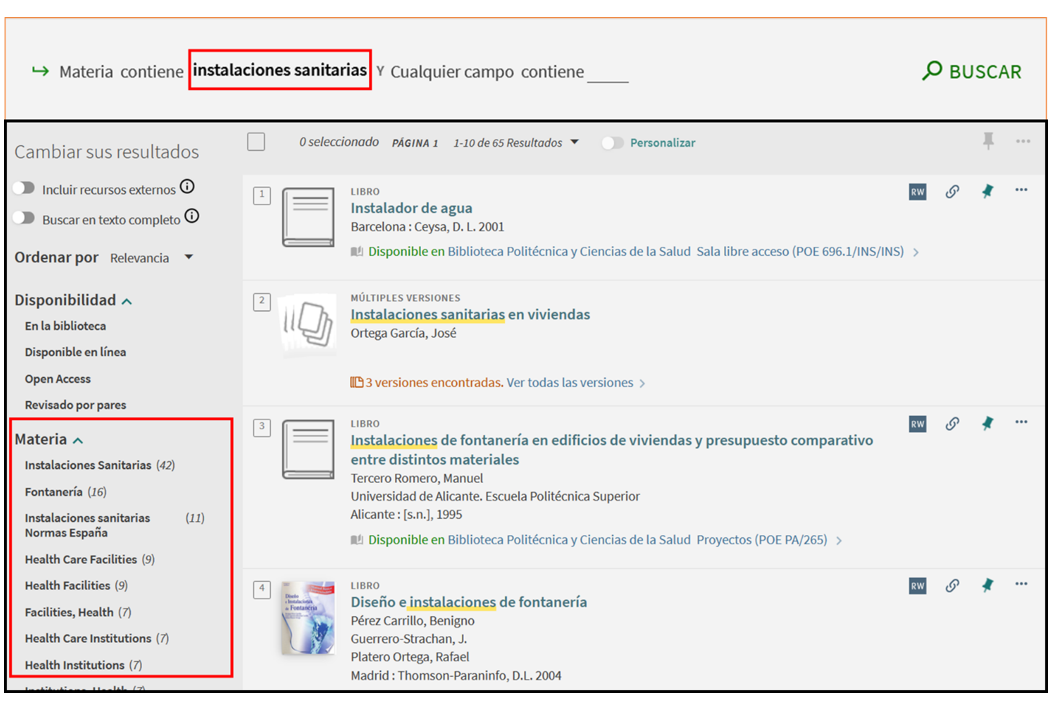 Captura de pantalla del catálogo, mostrando la lista de resultados tras buscar la materia 'Instalaciones sanitarias', señalando la ubicación del filtro 'Materia'.