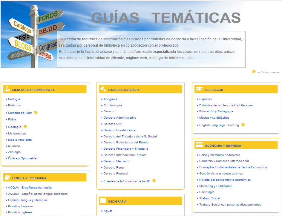 Captura de pantalla de la web de guías temáticas de la BUA.