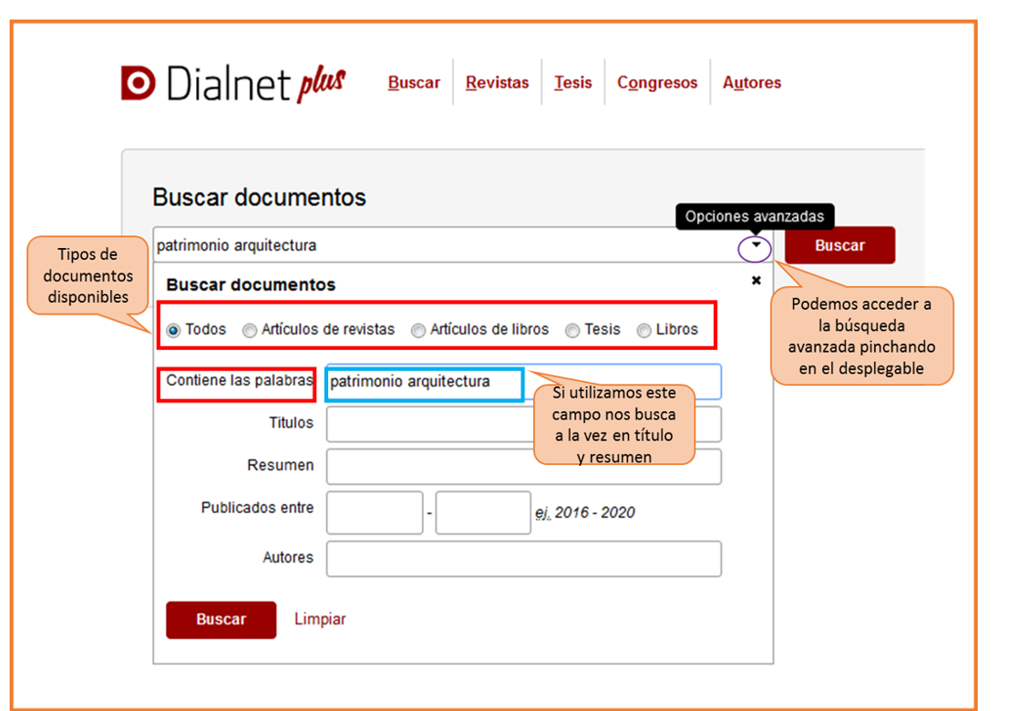 Captura de pantalla mostrando cómo acceder al formulario de búsqueda avanzada de Dialnet Plus y sus opciones: tipos de documentos, campos de búsqueda (Título, Resumen, Autor) y rango de fechas