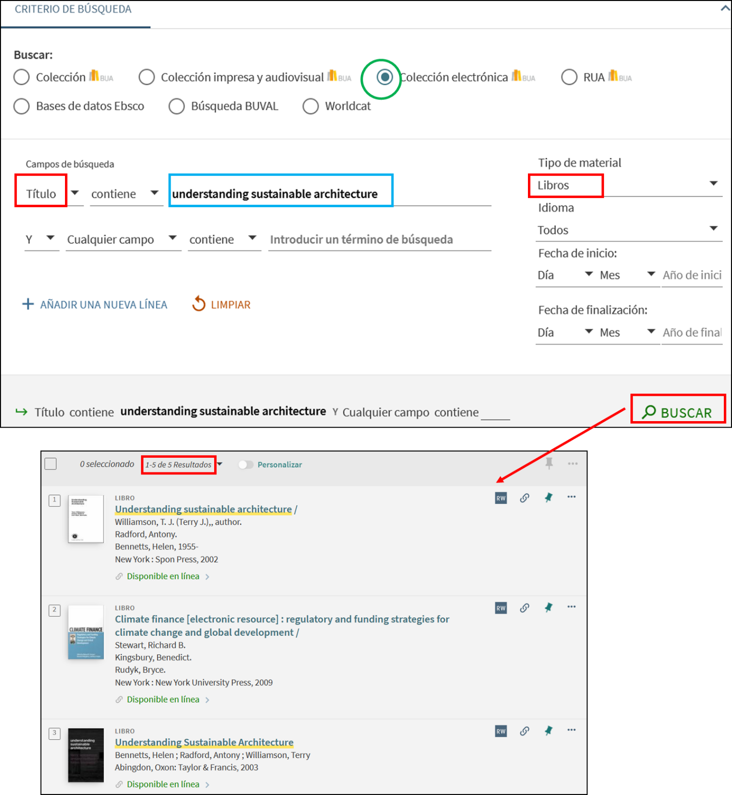 Captura de pantalla mostrando cómo utilizar el formulario de búsqueda avanzada del catálogo para buscar el libro-e “Understanding sustainable architecture”