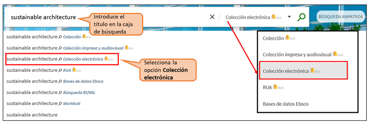 Captura de pantalla mostrando cómo buscar el libro electrónico " Sustainable architecture" utilizando la búsqueda básica del catálogo, seleccionando la opción "Colección electrónica"