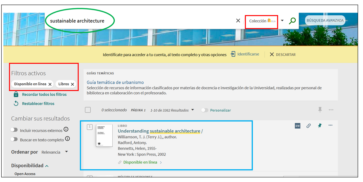 Captura de pantalla mostrando la aplicación de los filtros 'Disponible en línea' y 'Libros' en la lista de resultados.
