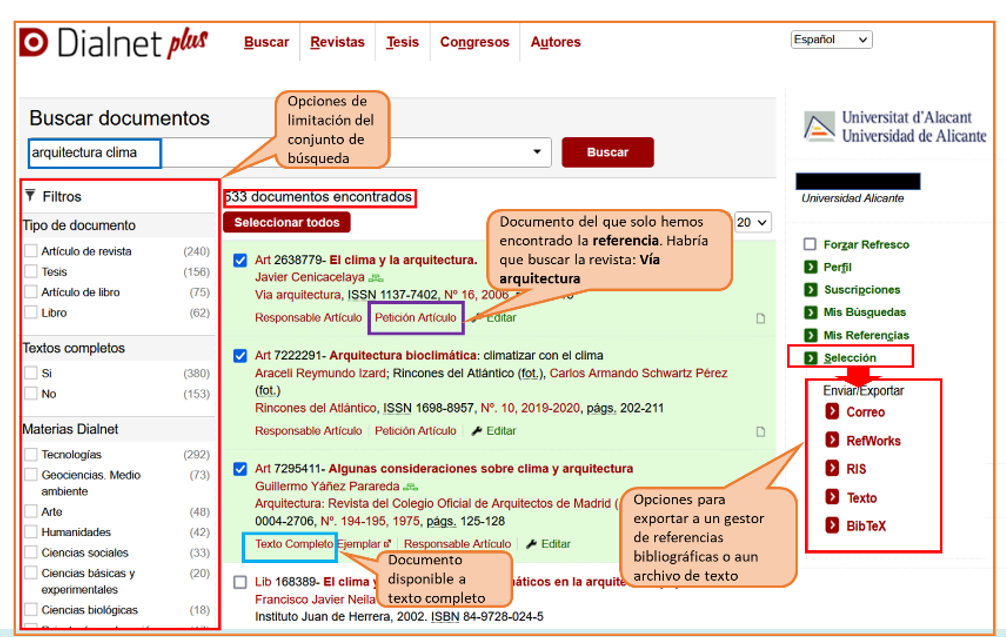 Captura de pantalla mostrando el resultado de buscar en Dialnet Plus documentos sobre 'arquitectura clima' y las distintas opciones que ofrece la lista de resultados: filtros, acceso a textos completos, selección de resultados y opciones de exportación