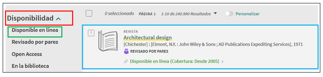 Captura de pantalla mostrando cómo aplicar el filtro 'Disponible en línea' en la página de resultados