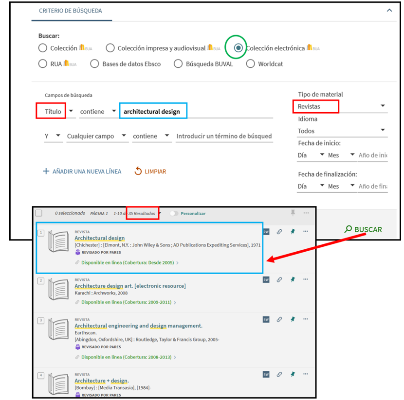 Captura de pantalla mostrando cómo buscar la revista 'Architectural design' utilizando el formulario de búsqueda avanzada