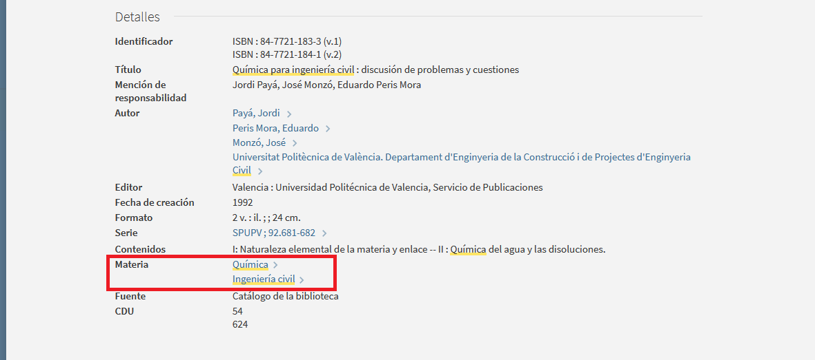 Captura de pantalla del catálogo en la que se muestra que el libro 'Química para ingeniería civil: discusión de problemas y cuestiones' tiene asignadas dos materias.