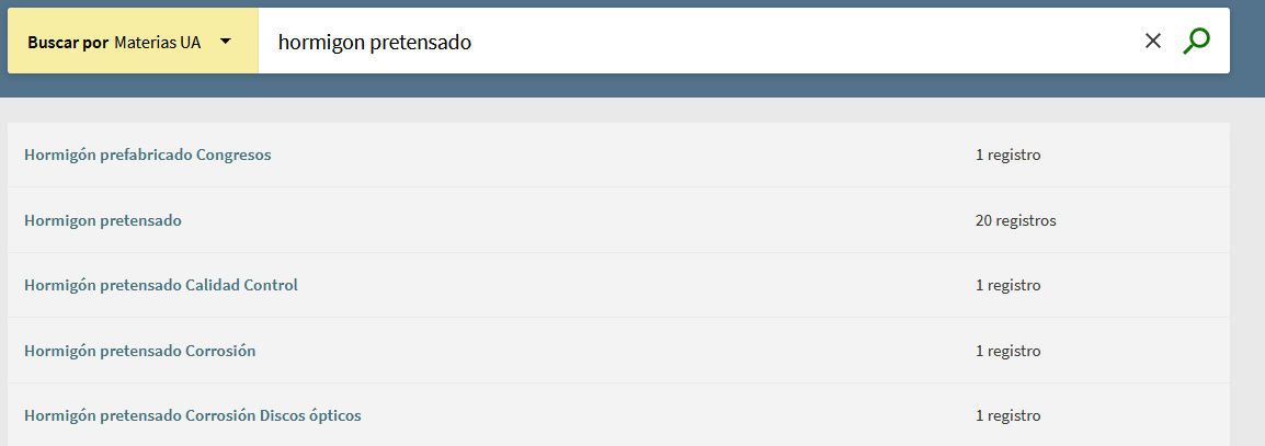 Captura de pantalla del catálogo mostrando el resultado de buscar 'Hormigón pretensado' en el índice de materias