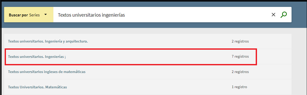 Captura de pantalla mostrando cómo buscar la colección 'Textos universitarios ingenierías' en el índice de series.