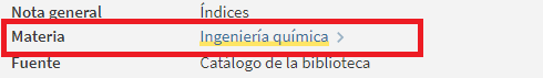 Captura de pantalla del catálogo en la que se muestra la materia en la descripción del documento con el hiperenlace.