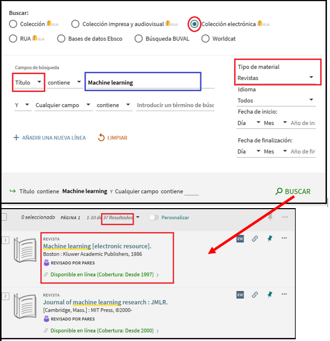 Captura de pantalla mostrando cómo buscar la revista 'Machine learning' utilizando el formulario de búsqueda avanzada