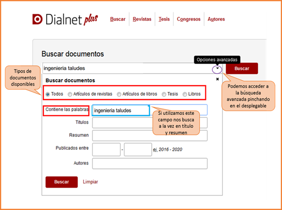 Captura de pantalla mostrando cómo acceder al formulario de búsqueda avanzada de Dialnet Plus y sus opciones: tipos de documentos, campos de búsqueda (Título, Resumen, Autor) y rango de fechas