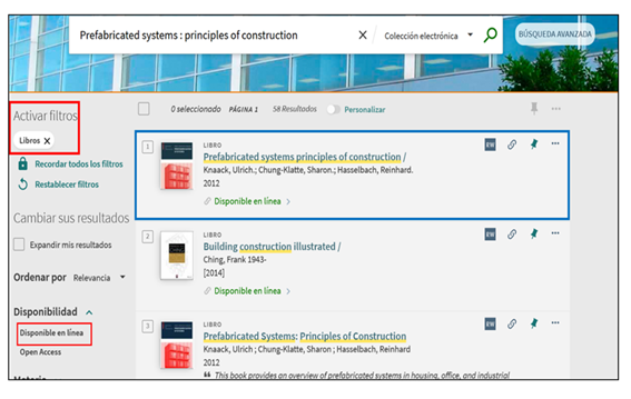Captura de pantalla mostrando la aplicación de los filtros 'Disponible en línea' y 'Libros' en la lista de resultados.