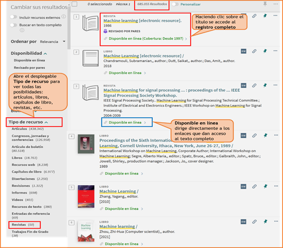 Captura de pantalla mostrando cómo aplicar los filtros 'Disponible en línea' y tipo de material 'Revistas' en la página de resultados