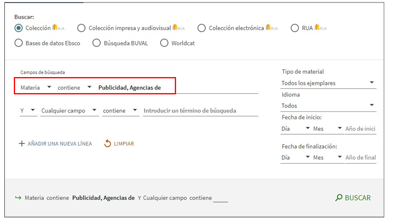 Captura de pantalla del catálogo mostrando cómo buscar la materia 'Publicidad, Agencias de' utilizando el formulario de búsqueda avanzada