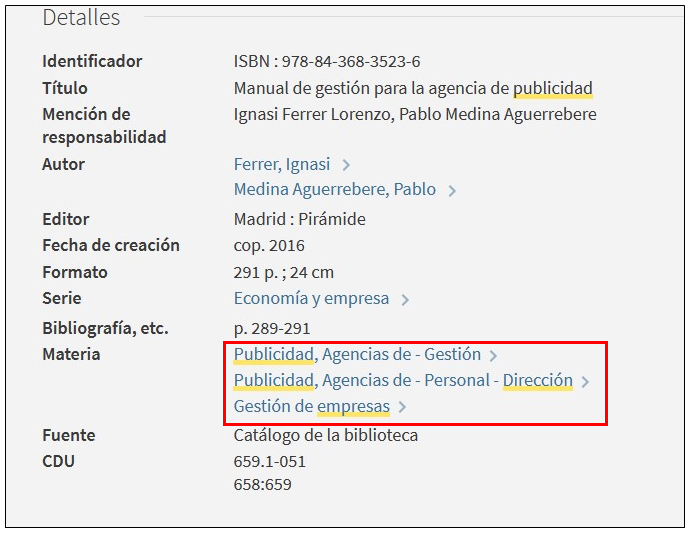 Captura de pantalla del catálogo en la que se muestra que el libro 'Manual de gestión para la agencia de publicidad' tiene asignadas tres materias.