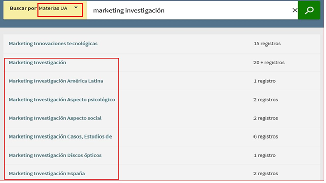 Captura de pantalla del catálogo mostrando el resultado de buscar 'Marketing - Investigación' en el índice de materias