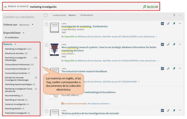 Captura de pantalla del catálogo, mostrando la lista de resultados tras buscar la materia 'Marketing Investigación', señalando la ubicación del filtro 'Materia'.