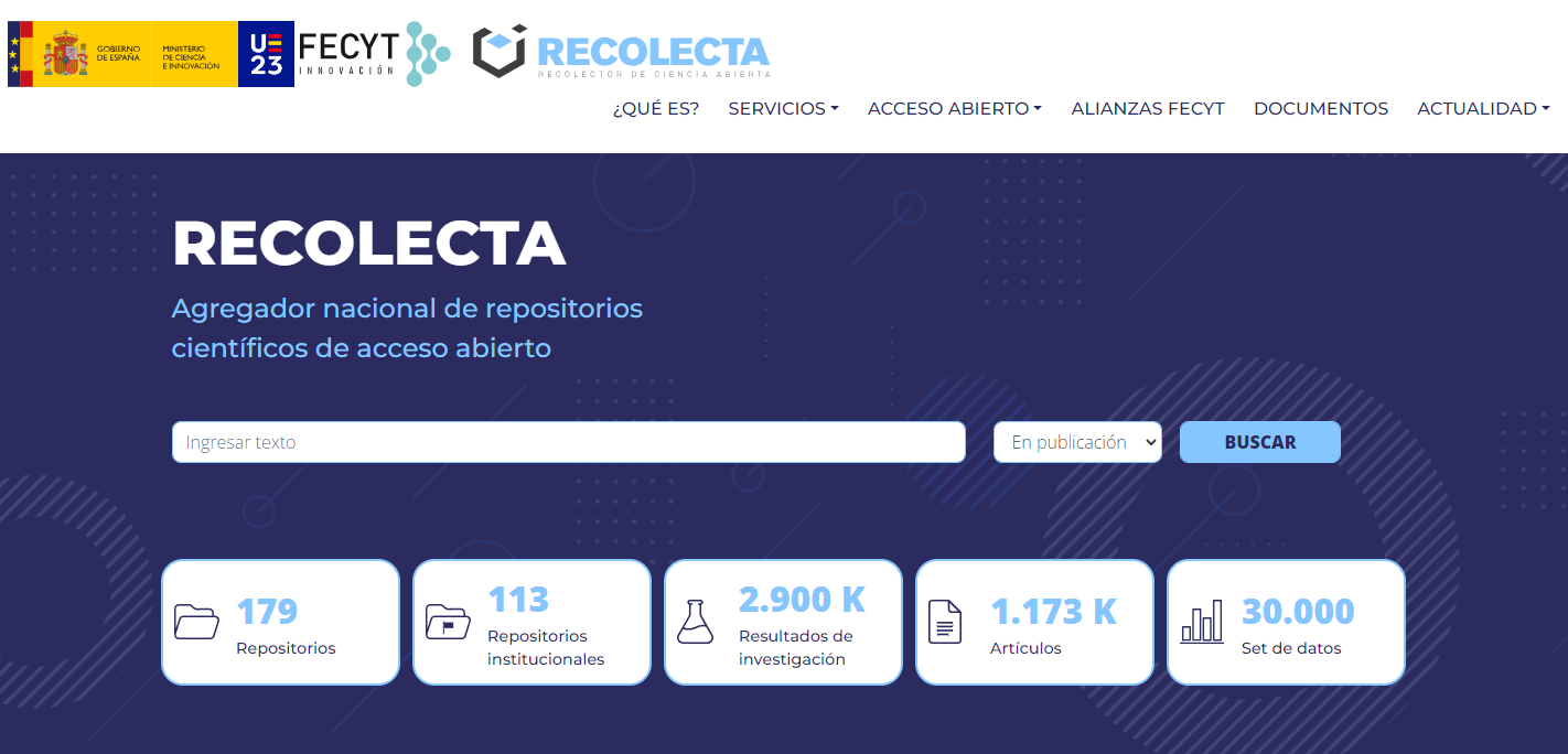 Captura de pantalla de la página de inicio de RECOLECTA