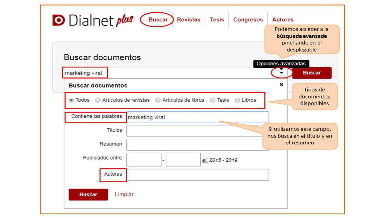 Captura de pantalla mostrando cómo acceder al formulario de búsqueda avanzada de Dialnet Plus y sus opciones: tipos de documentos, campos de búsqueda (Título, Resumen, Autor) y rango de fechas