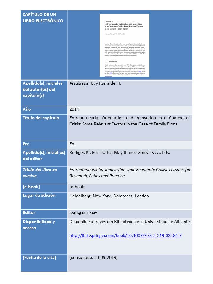 Ejemplo de citación del capítulo de libro-e "Entrepreneurial Orientation and Innovation in a Context of Crisis: Some Relevant Factors in the Case of Family Firms”