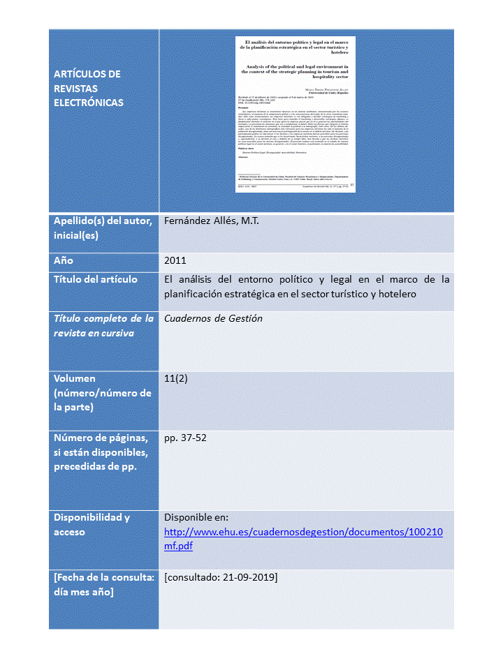 Ejemplo de citación del artículo de revista-e “El análisis del entorno político y legal en el marco de la planificación estratégica en el sector turístico y hotelero”