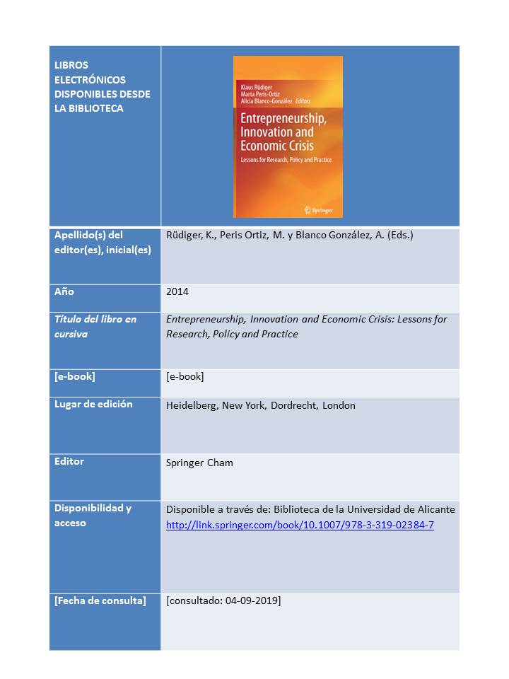 Ejemplo de citación del libro-e "Entrepreneurship, Innovation and Economic Crisis: Lessons for Research, Policy and Practice"