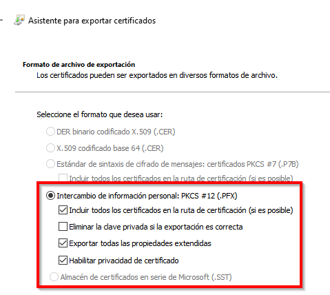 opciones exportación