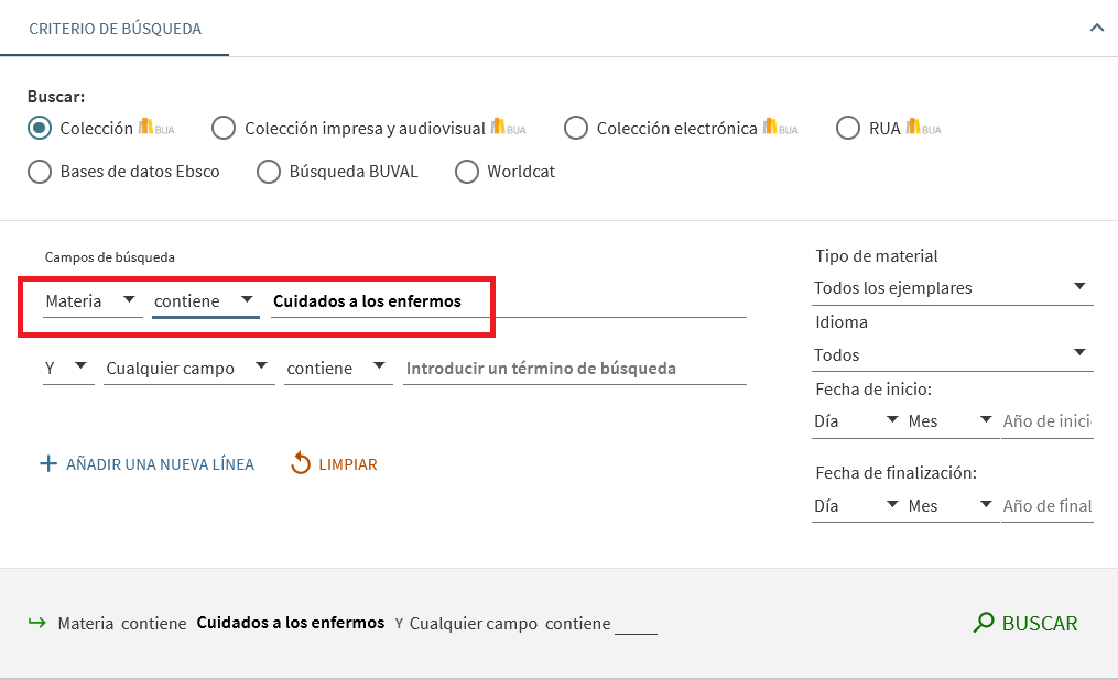 Captura de pantalla del catálogo mostrando cómo buscar la materia Cuidados a los enfermos' utilizando el formulario de búsqueda avanzada