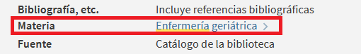 Captura de pantalla del catálogo en la que se muestra  una materia con hiperenlace para buscar más materiales de la misma materia