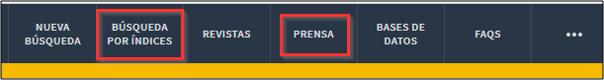 Captura de pantalla del menú superior del catálogo, resaltando las opciones 'Búsqueda por índices' y 'Prensa'.