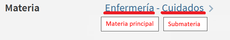 Captura de la materia Enfermería - Cuidados', indicando que 'Enfermería' es la materia principal y que Cuidados' es la submateria
