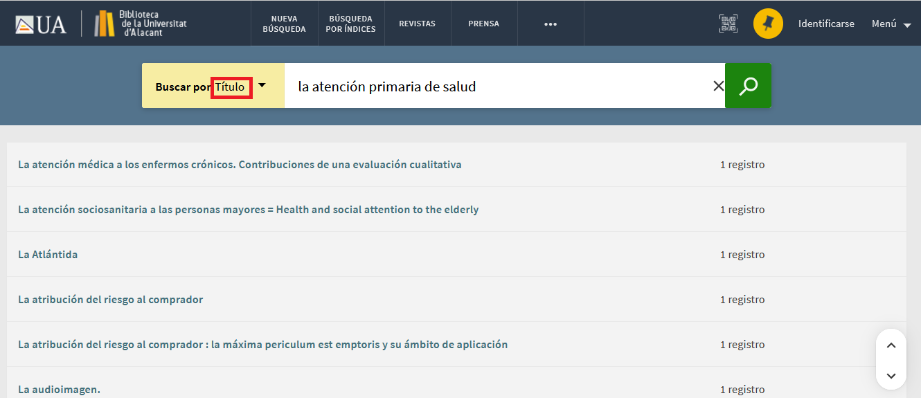 Captura de pantalla correspondiente a la búsqueda de "la atención primaria de salud" en el índice de títulos del catálogo