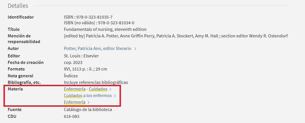 Captura de pantalla del catálogo en la que se muestra que el libro Fundamentals of nursing, eleventh edition' tiene asignadas tres materias.