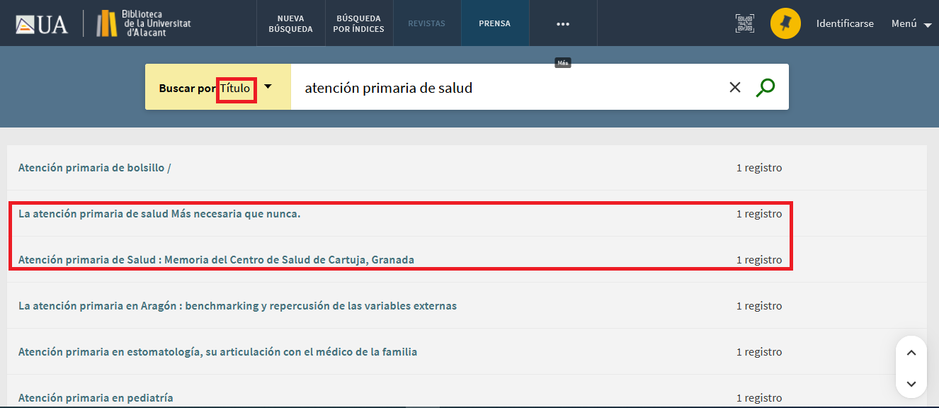 Captura de pantalla correspondiente a la búsqueda de "atención primaria de salud" en el índice de títulos del catálogo