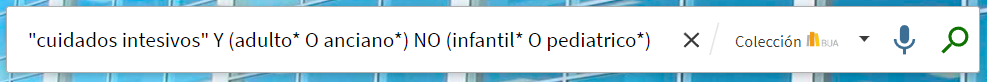 Captura de pantalla del cajetín de búsqueda básica del catálogo, en el que se ha introducido la estrategia de búsqueda: "cuidados intensivos" Y (adulto* O anciano*) NO (infantil* O pediátrico*)