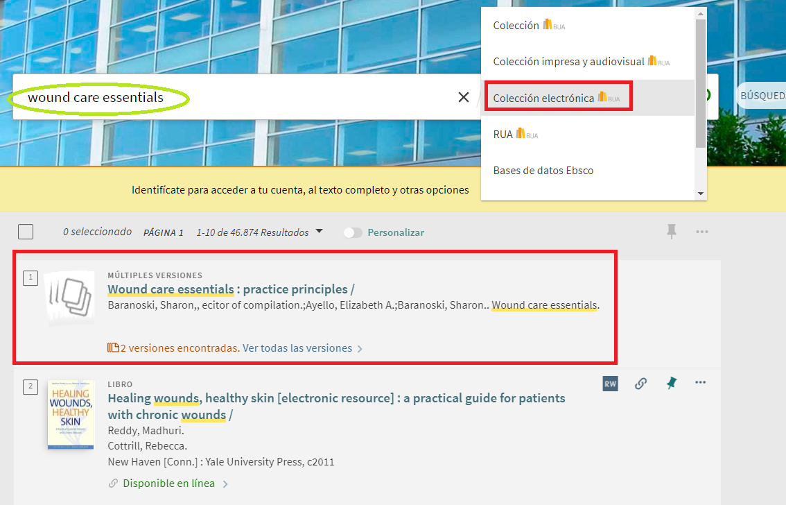 Captura de pantalla mostrando cómo buscar el libro electrónico " Wound care essentials" utilizando la búsqueda básica del catálogo, seleccionando la opción "Colección electrónica"