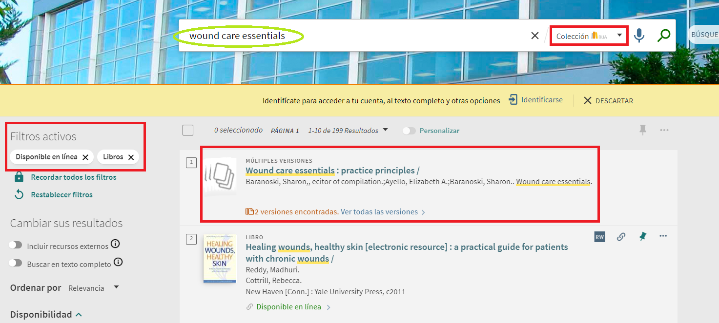 Captura de pantalla mostrando la aplicación de los filtros 'Disponible en línea' y 'Libros' en la lista de resultados.