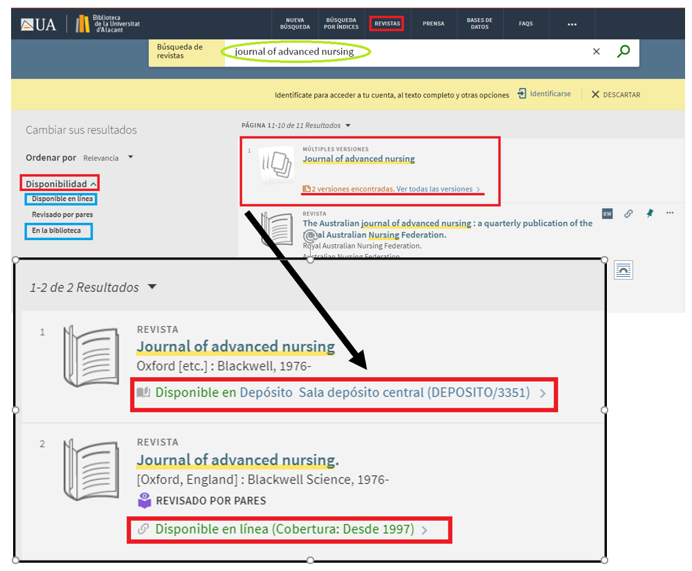 Captura de pantalla mostrando cómo utilizar el buscador de revistas para encontrar la revista 'Journal of Advanced Nursing'