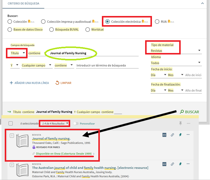 Captura de pantalla mostrando cómo buscar la revista 'Journal of Family Nursing' utilizando el formulario de búsqueda avanzada