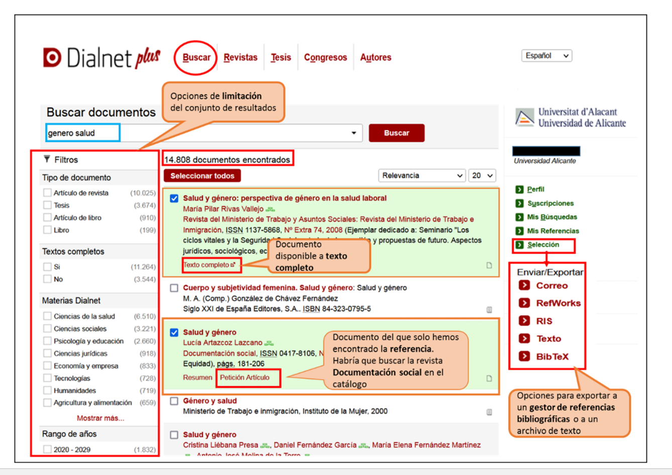 Captura de pantalla mostrando el resultado de buscar en Dialnet Plus documentos sobre género salud' y las distintas opciones que ofrece la lista de resultados: filtros, acceso a textos completos, selección de resultados y opciones de exportación