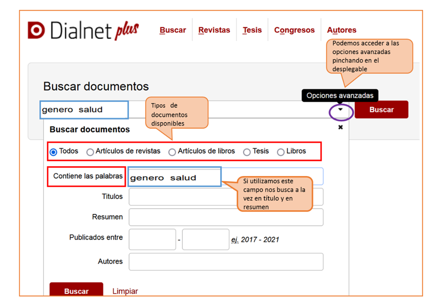 Captura de pantalla mostrando cómo acceder al formulario de búsqueda avanzada de Dialnet Plus y sus opciones: tipos de documentos, campos de búsqueda (Título, Resumen, Autor) y rango de fechas