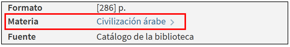 Captura de pantalla del catálogo, mostrando el hiperenlace "Civilización árabe"
