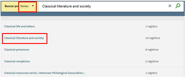 Captura de pantalla mostrando cómo buscar la colección 'Classical literature and society' en el índice de series. 